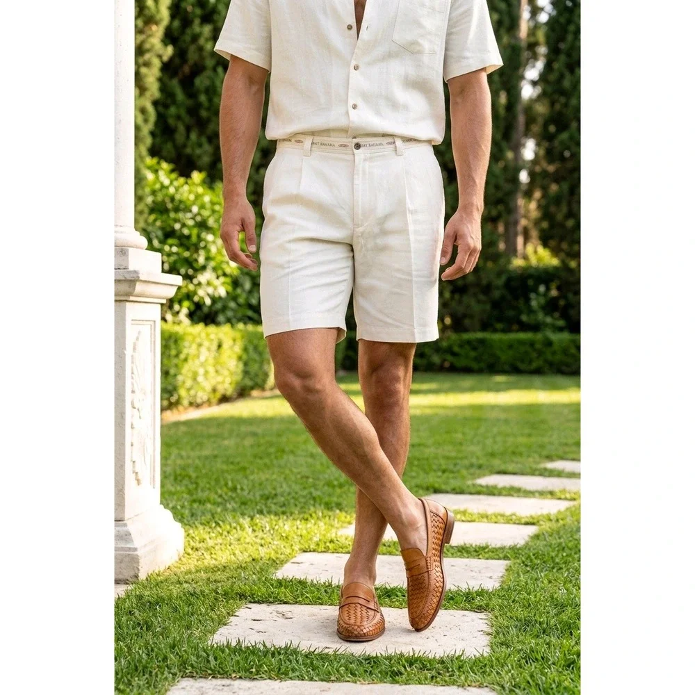 Tommy‎ Bahama Relax Mens 36 Pleated 100% Silk Shorts Cream Khaki Casual Tropical